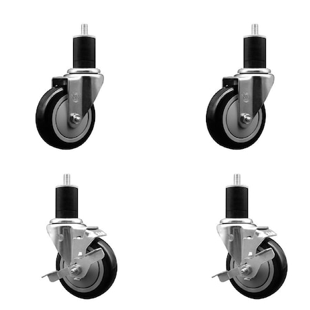 Service Caster 4'' Black Poly Wheel Swivel 1-3/4'' Expanding Stem Caster Set 2 Brakes, 4PK SCC-EX20S414-PPUB-BLK-2-TLB-2-134